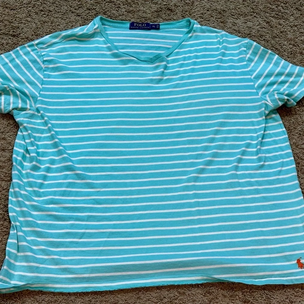 Polo Ralph Lauren Shirt Mens XL Fit Aqua Stripe Knit Casual Logo